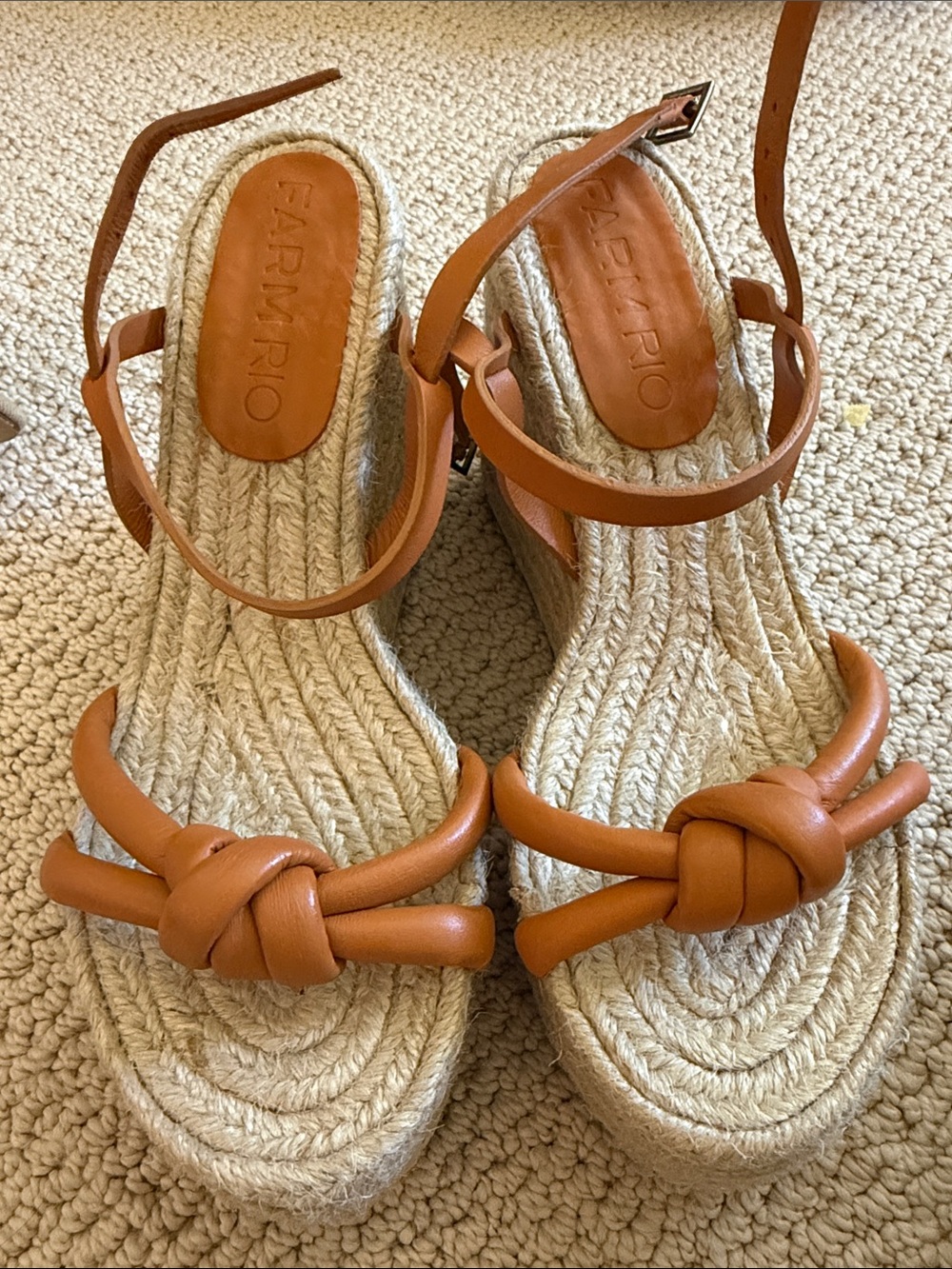 FARM Rio Cognac Knotted Espadrille Wedge Sandals